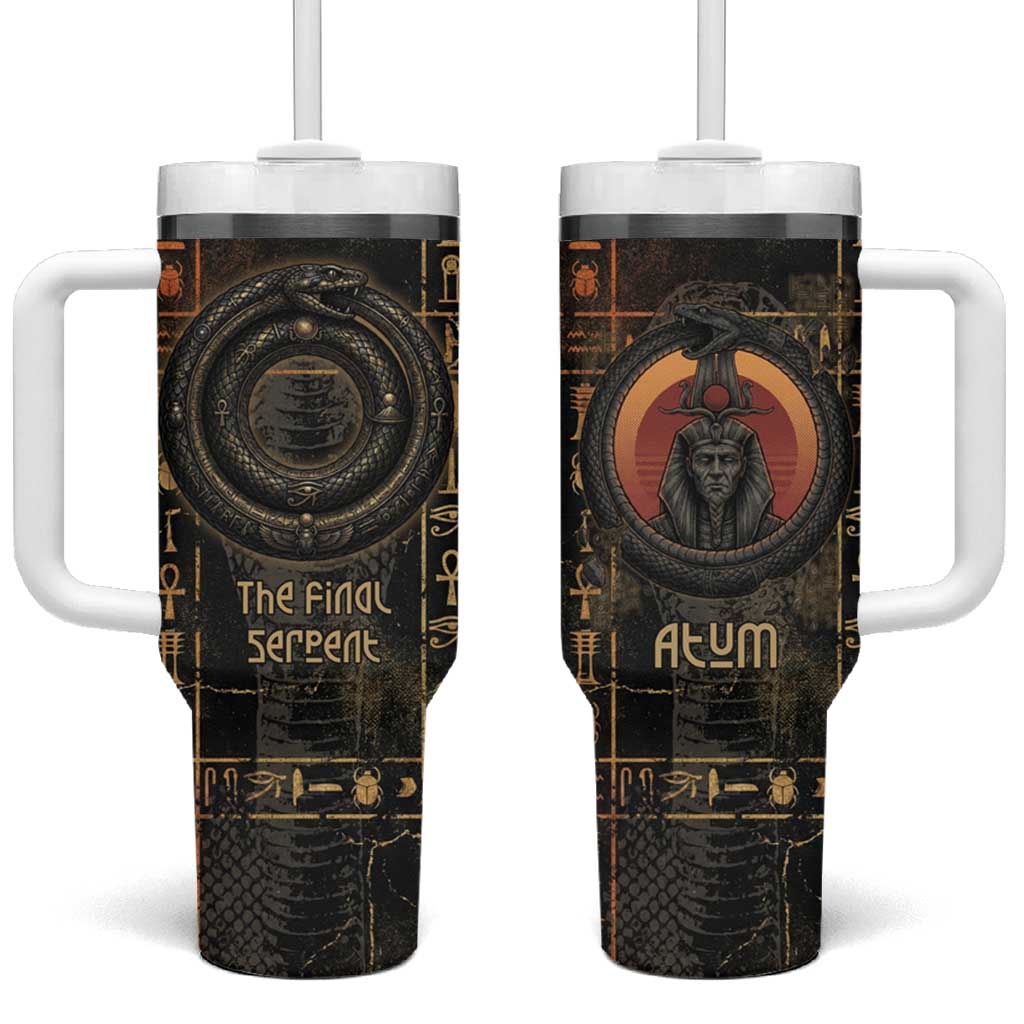 Atum Ancient Egyptian Tumbler With Handle with Dark Hieroglyph Grid, Ouroboros Serpent Ring and The Final Serpent - Wonder Print Shop