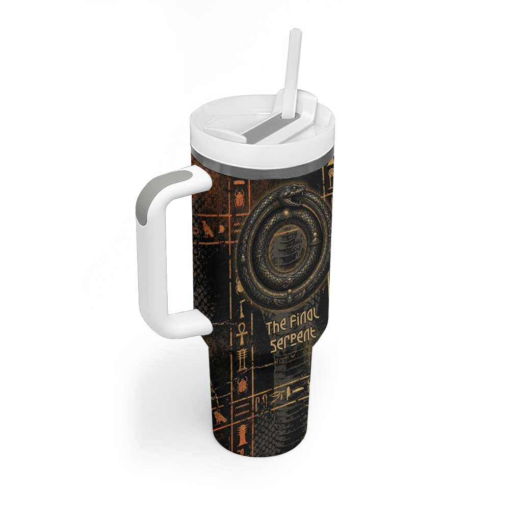 Atum Ancient Egyptian Tumbler With Handle with Dark Hieroglyph Grid, Ouroboros Serpent Ring and The Final Serpent - Wonder Print Shop