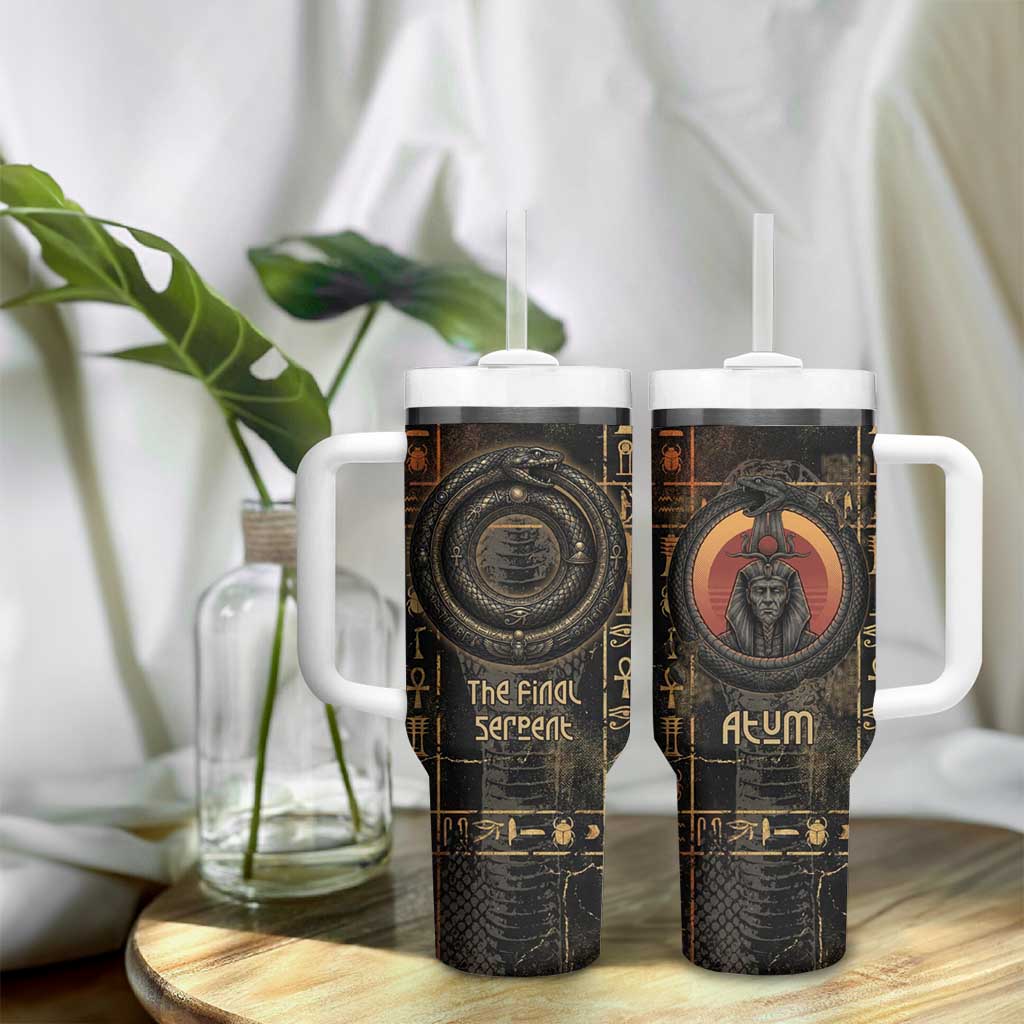 Atum Ancient Egyptian Tumbler With Handle with Dark Hieroglyph Grid, Ouroboros Serpent Ring and The Final Serpent - Wonder Print Shop