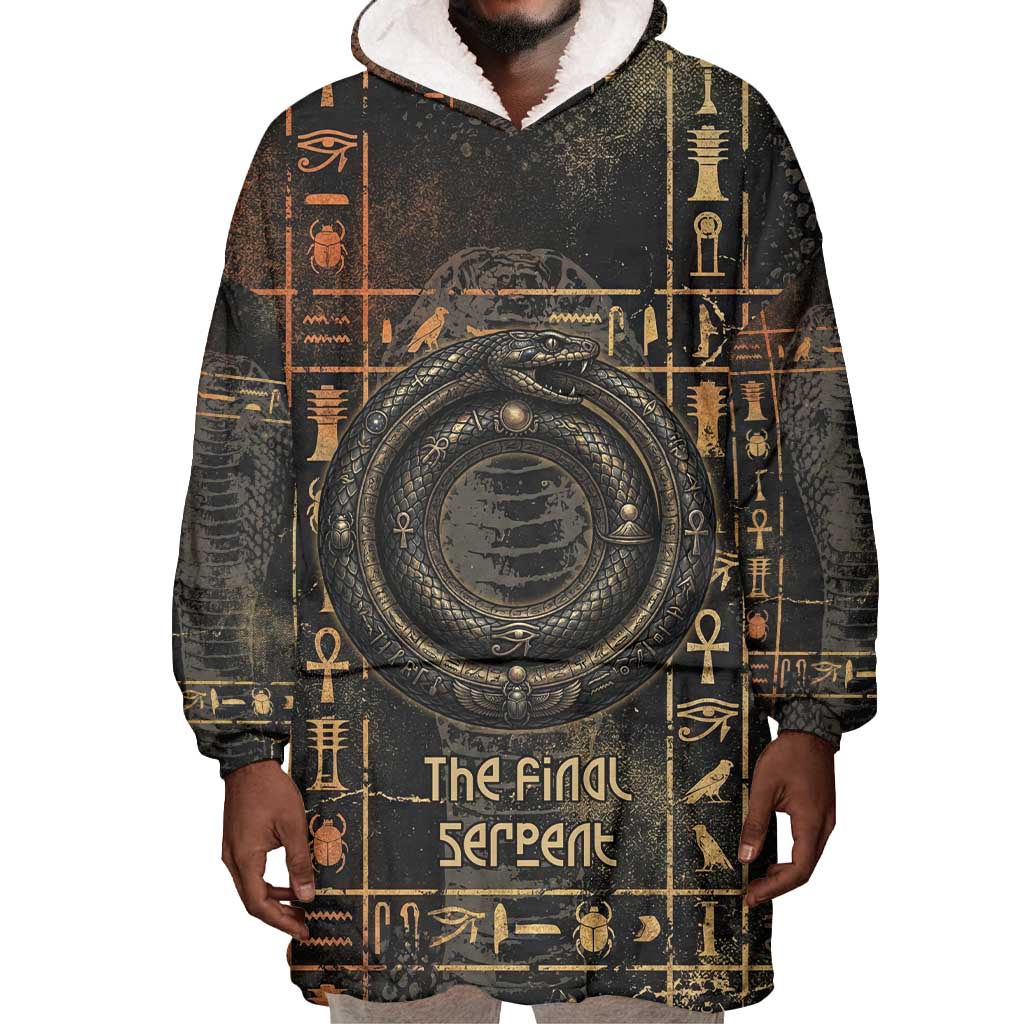 Atum Ancient Egyptian Wearable Blanket Hoodie with Dark Hieroglyph Grid, Ouroboros Serpent Ring and The Final Serpent - Wonder Print Shop