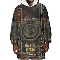 Atum Ancient Egyptian Wearable Blanket Hoodie with Dark Hieroglyph Grid, Ouroboros Serpent Ring and The Final Serpent - Wonder Print Shop