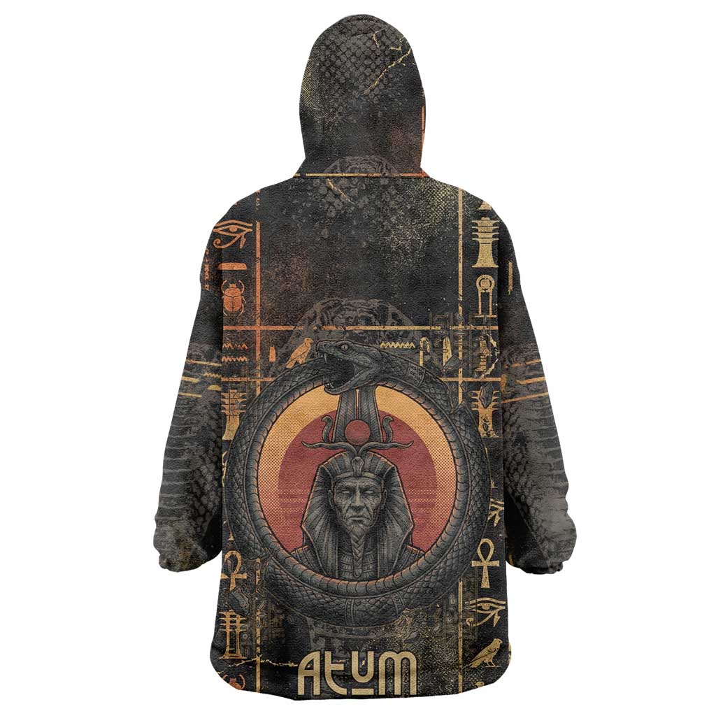 Atum Ancient Egyptian Wearable Blanket Hoodie with Dark Hieroglyph Grid, Ouroboros Serpent Ring and The Final Serpent - Wonder Print Shop