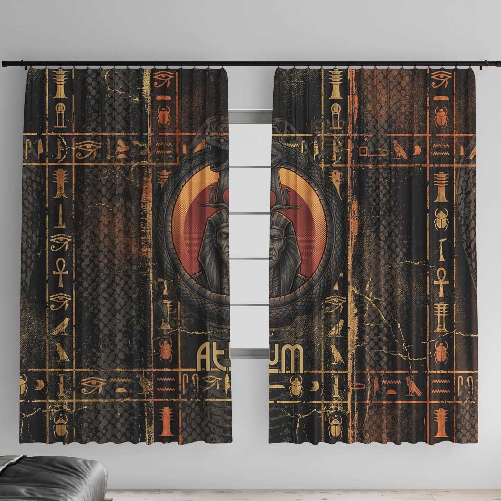 Atum Ancient Egyptian Window Curtain with Dark Hieroglyph Grid, Ouroboros Serpent Ring and The Final Serpent - Wonder Print Shop
