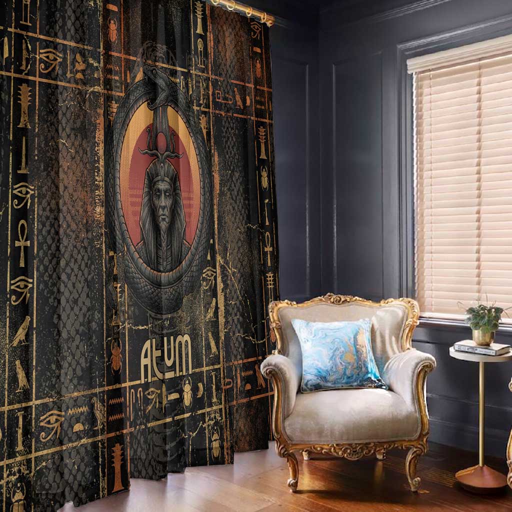 Atum Ancient Egyptian Window Curtain with Dark Hieroglyph Grid, Ouroboros Serpent Ring and The Final Serpent - Wonder Print Shop