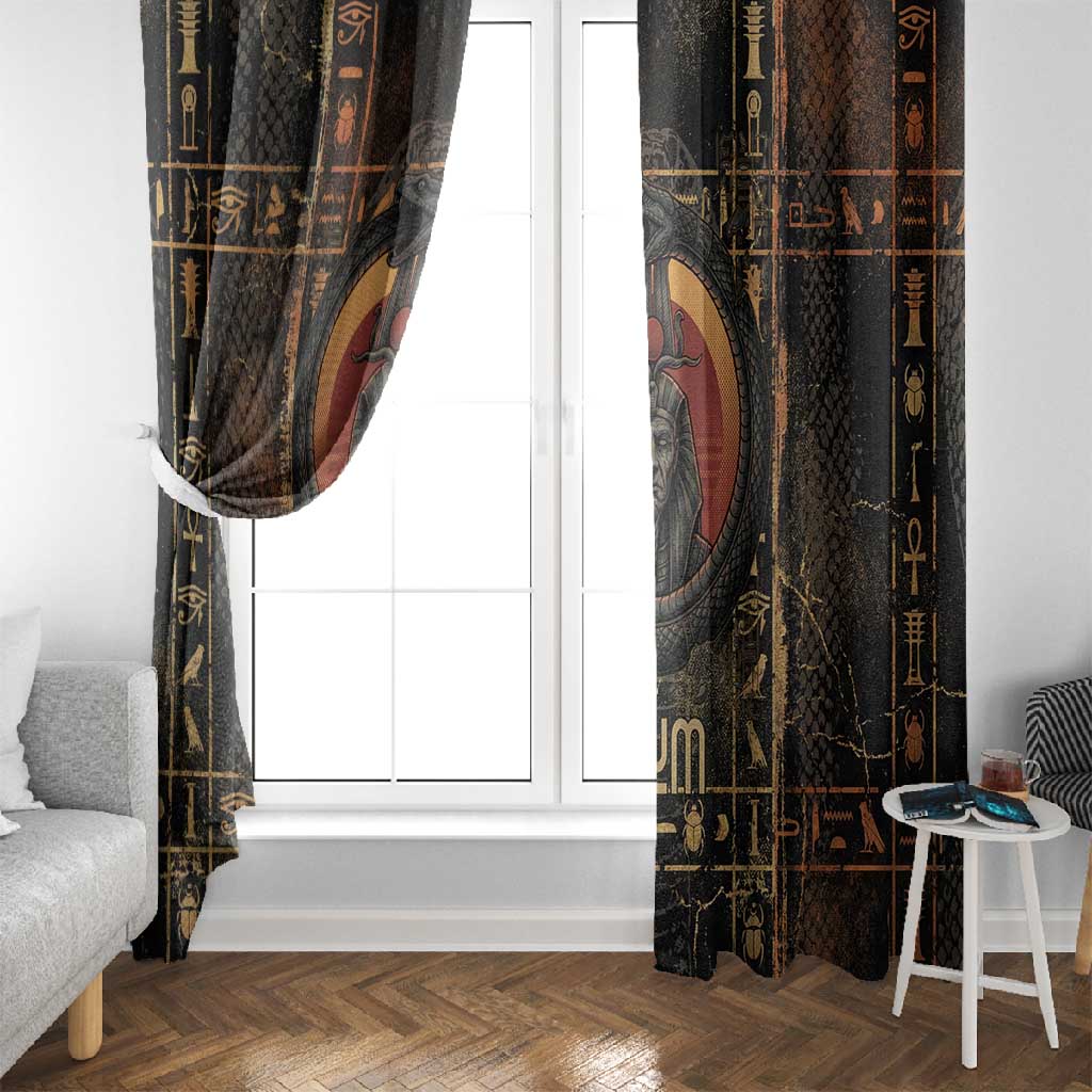 Atum Ancient Egyptian Window Curtain with Dark Hieroglyph Grid, Ouroboros Serpent Ring and The Final Serpent - Wonder Print Shop
