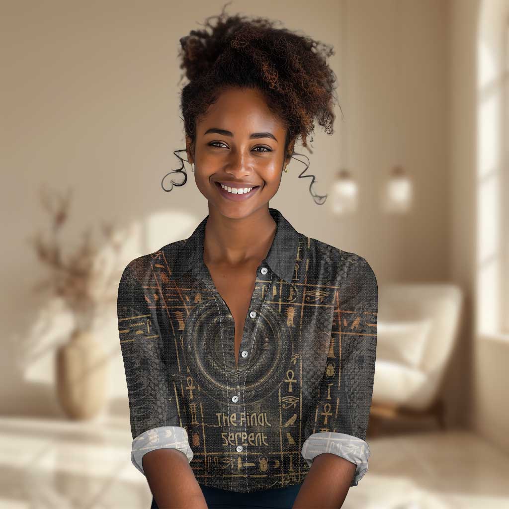 Atum Ancient Egyptian Women Casual Shirt with Dark Hieroglyph Grid, Ouroboros Serpent Ring and The Final Serpent - Wonder Print Shop