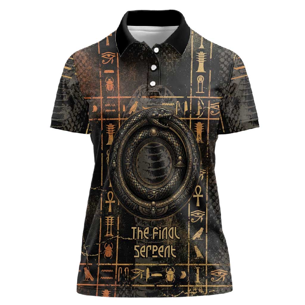 Atum Ancient Egyptian Women Polo Shirt with Dark Hieroglyph Grid, Ouroboros Serpent Ring and The Final Serpent - Wonder Print Shop
