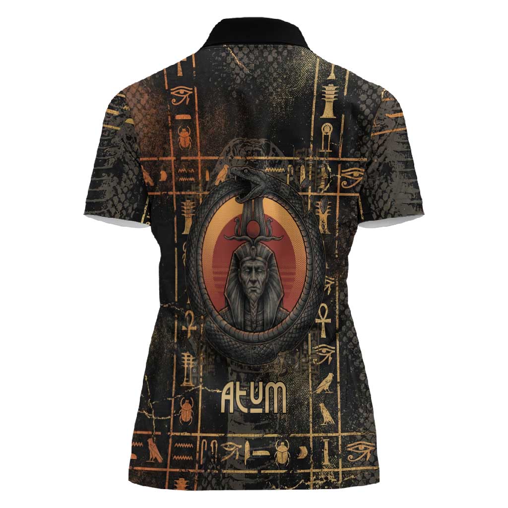 Atum Ancient Egyptian Women Polo Shirt with Dark Hieroglyph Grid, Ouroboros Serpent Ring and The Final Serpent - Wonder Print Shop