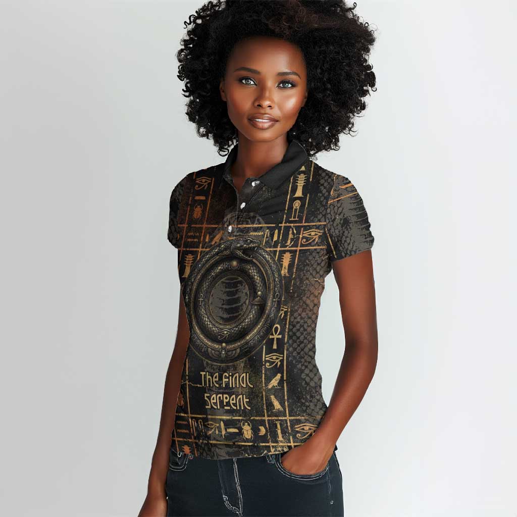 Atum Ancient Egyptian Women Polo Shirt with Dark Hieroglyph Grid, Ouroboros Serpent Ring and The Final Serpent - Wonder Print Shop