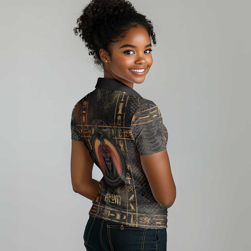 Atum Ancient Egyptian Women Polo Shirt with Dark Hieroglyph Grid, Ouroboros Serpent Ring and The Final Serpent - Wonder Print Shop