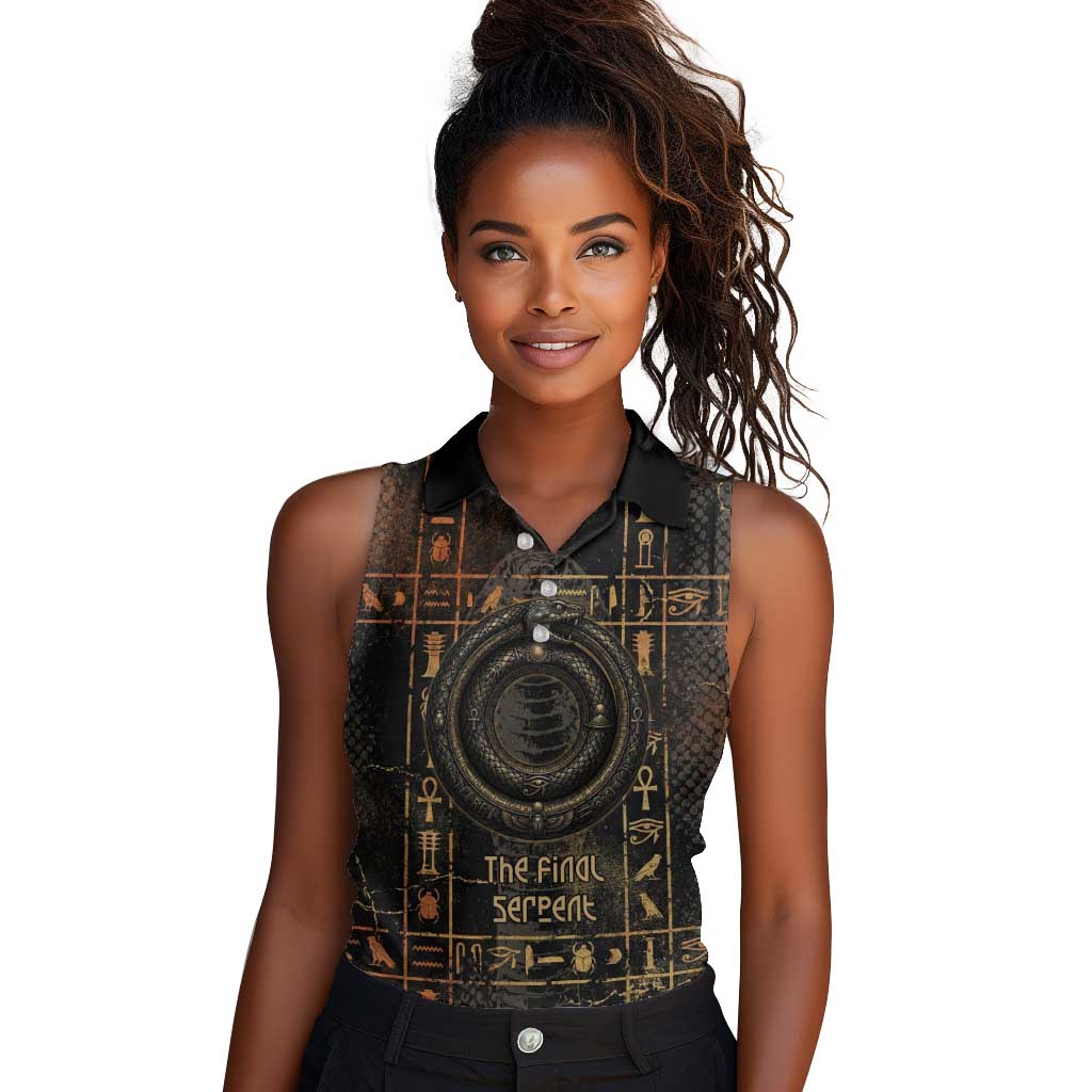 Atum Ancient Egyptian Women Sleeveless Polo Shirt with Dark Hieroglyph Grid, Ouroboros Serpent Ring and The Final Serpent - Wonder Print Shop