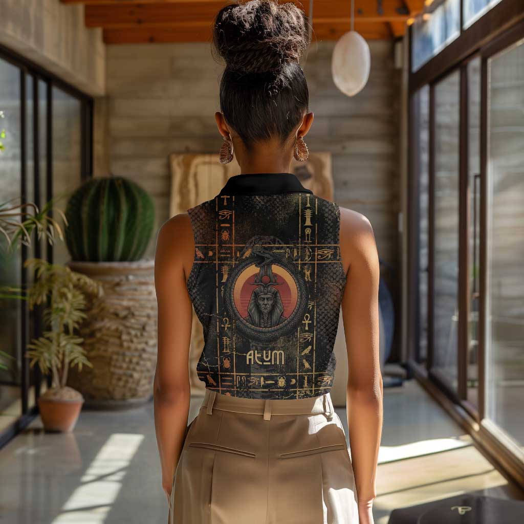 Atum Ancient Egyptian Women Sleeveless Polo Shirt with Dark Hieroglyph Grid, Ouroboros Serpent Ring and The Final Serpent - Wonder Print Shop