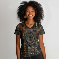 Atum Ancient Egyptian Women V-Neck T-Shirt with Dark Hieroglyph Grid, Ouroboros Serpent Ring and The Final Serpent - Wonder Print Shop