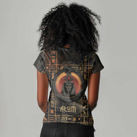 Atum Ancient Egyptian Women V-Neck T-Shirt with Dark Hieroglyph Grid, Ouroboros Serpent Ring and The Final Serpent - Wonder Print Shop