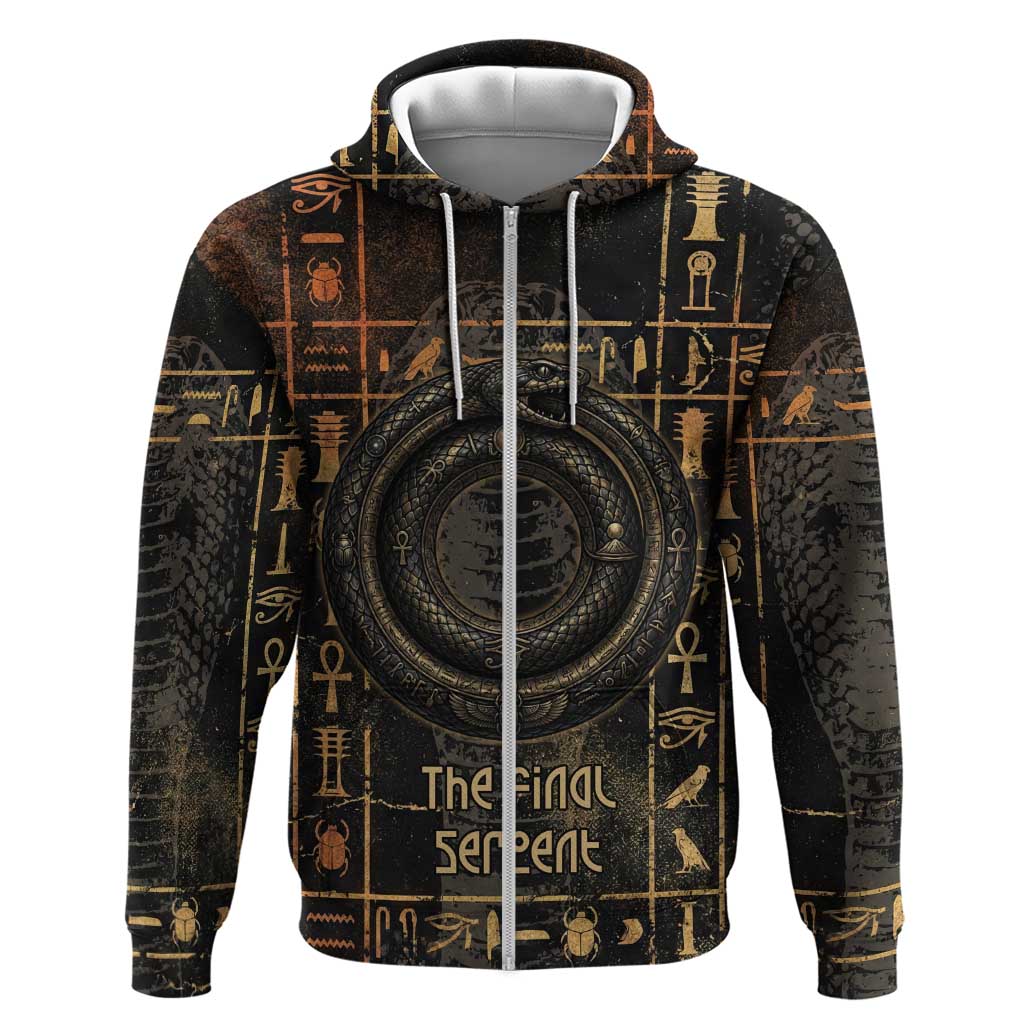 Atum Ancient Egyptian Zip Hoodie with Dark Hieroglyph Grid, Ouroboros Serpent Ring and The Final Serpent - Wonder Print Shop