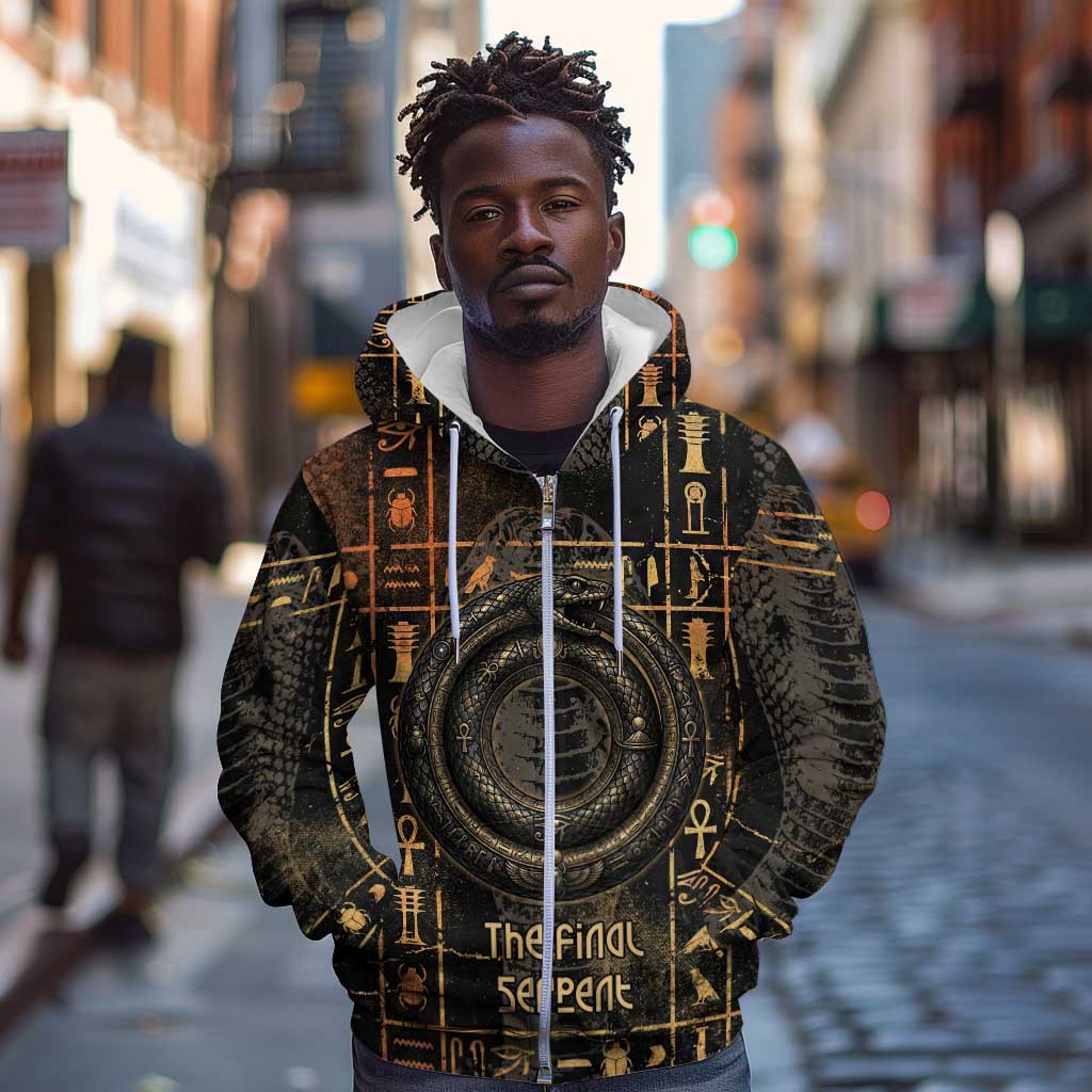 Atum Ancient Egyptian Zip Hoodie with Dark Hieroglyph Grid, Ouroboros Serpent Ring and The Final Serpent - Wonder Print Shop