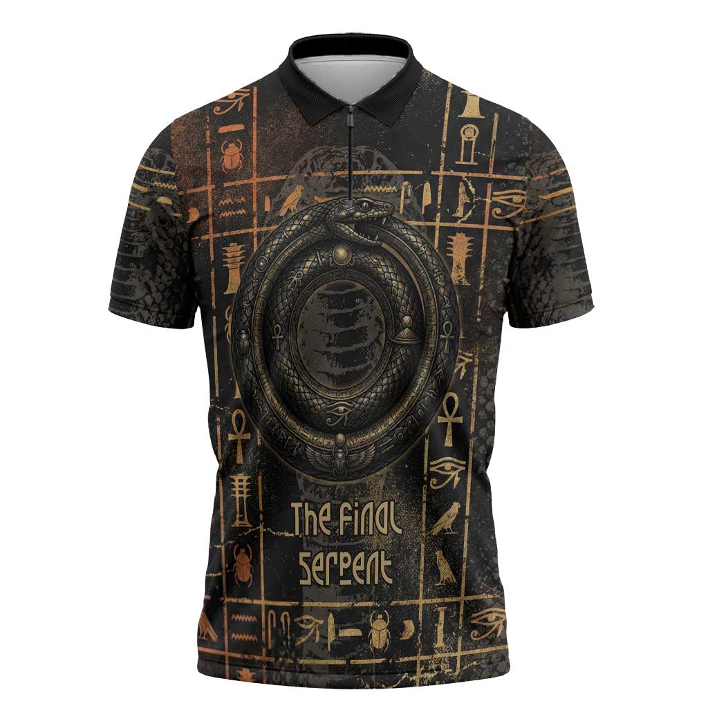 Atum Ancient Egyptian Zipper Polo Shirt with Dark Hieroglyph Grid, Ouroboros Serpent Ring and The Final Serpent - Wonder Print Shop