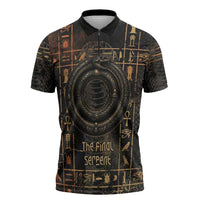 Atum Ancient Egyptian Zipper Polo Shirt with Dark Hieroglyph Grid, Ouroboros Serpent Ring and The Final Serpent - Wonder Print Shop