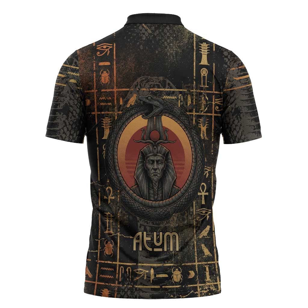 Atum Ancient Egyptian Zipper Polo Shirt with Dark Hieroglyph Grid, Ouroboros Serpent Ring and The Final Serpent - Wonder Print Shop