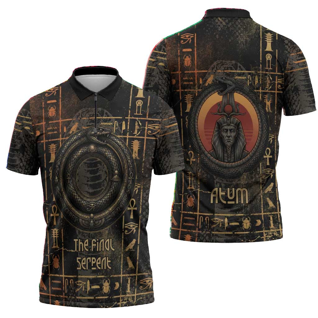 Atum Ancient Egyptian Zipper Polo Shirt with Dark Hieroglyph Grid, Ouroboros Serpent Ring and The Final Serpent - Wonder Print Shop