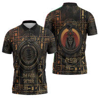 Atum Ancient Egyptian Zipper Polo Shirt with Dark Hieroglyph Grid, Ouroboros Serpent Ring and The Final Serpent - Wonder Print Shop