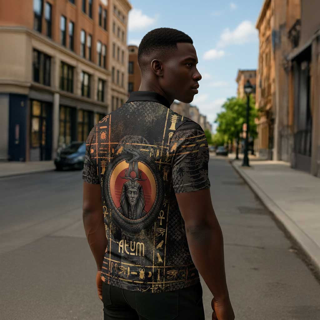 Atum Ancient Egyptian Zipper Polo Shirt with Dark Hieroglyph Grid, Ouroboros Serpent Ring and The Final Serpent - Wonder Print Shop