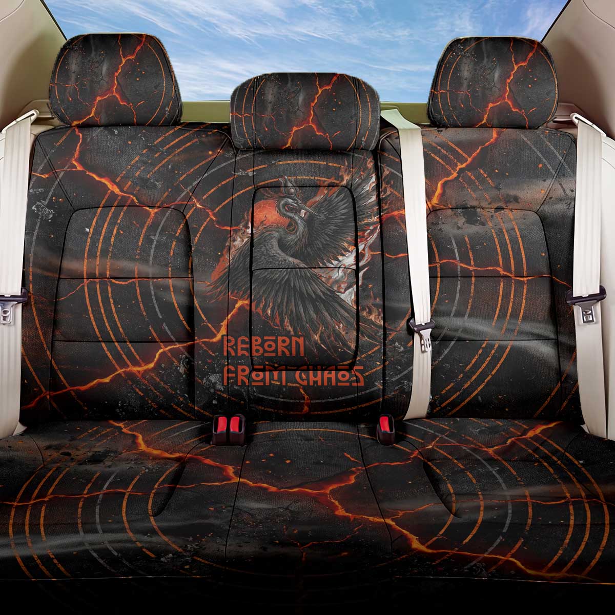 Bennu Back Car Seat Cover Ancient Egyptian Lava Crack Texture, Phoenix Firebird and Reborn from Chaos - Wonder Print Shop