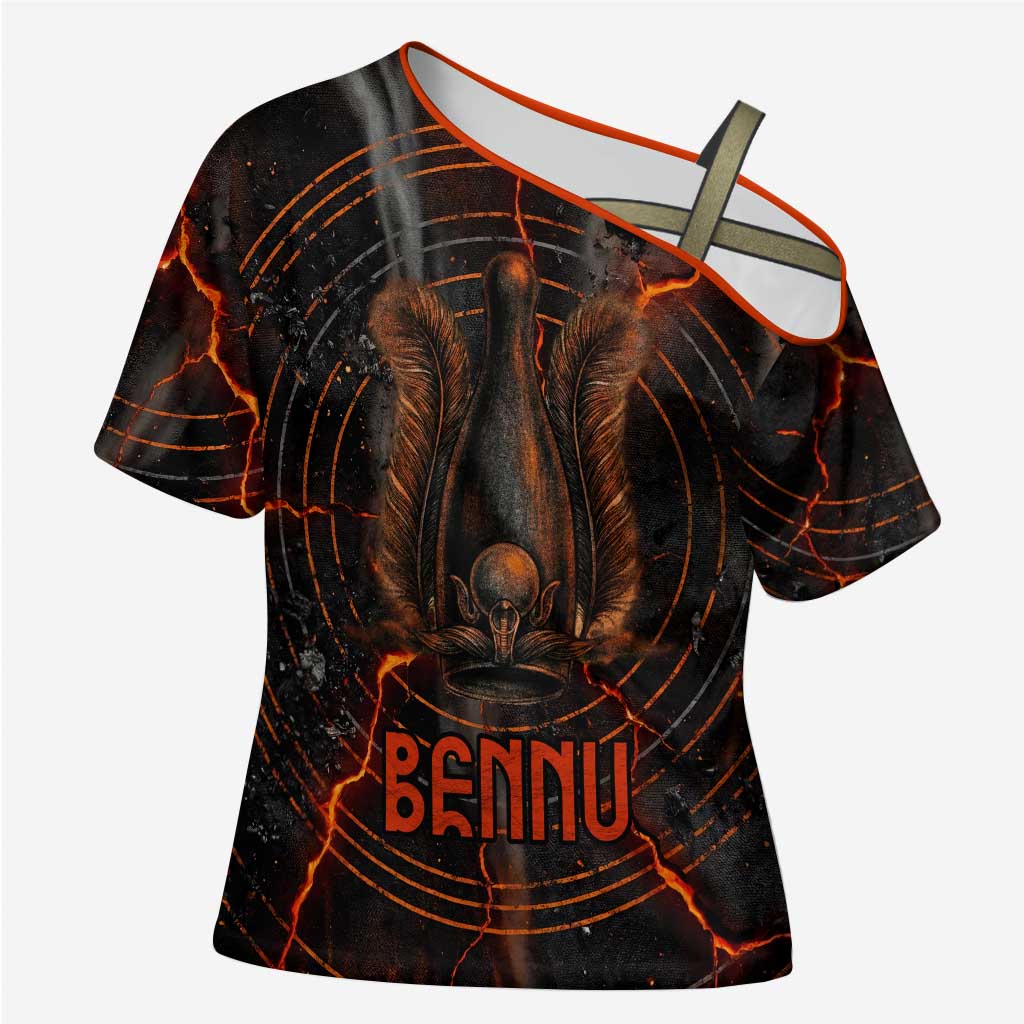 Bennu Cross Shoulder Shirt Ancient Egyptian Lava Crack Texture, Phoenix Firebird and Reborn from Chaos - Wonder Print Shop