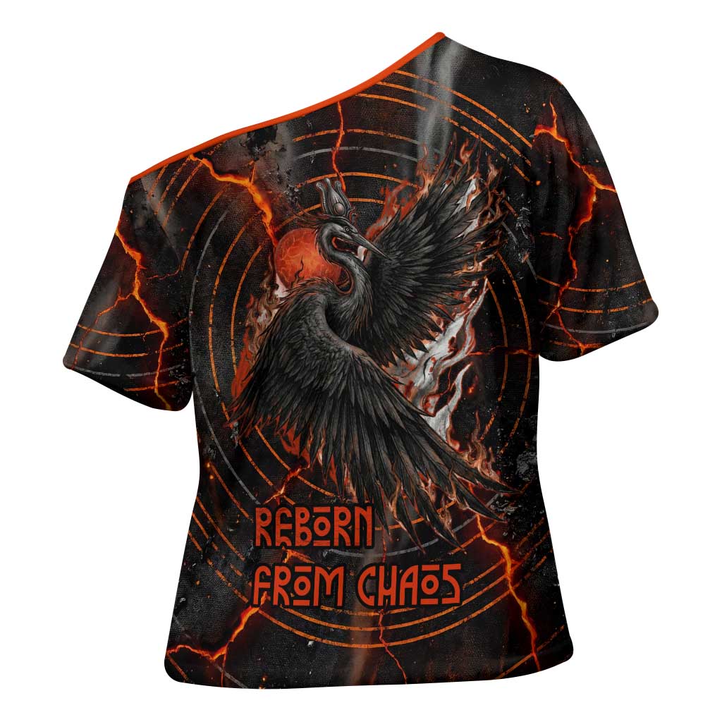 Bennu Cross Shoulder Shirt Ancient Egyptian Lava Crack Texture, Phoenix Firebird and Reborn from Chaos - Wonder Print Shop