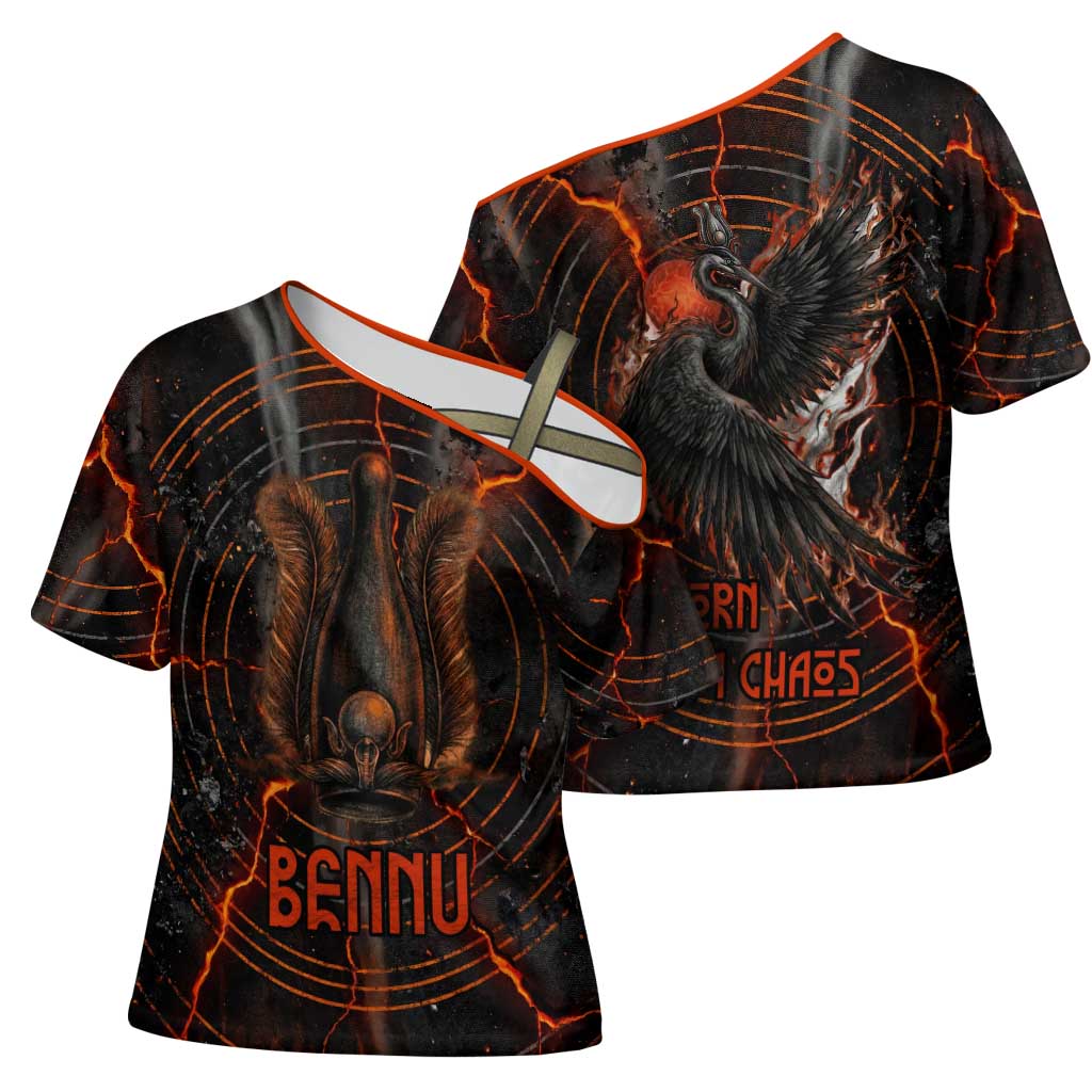 Bennu Cross Shoulder Shirt Ancient Egyptian Lava Crack Texture, Phoenix Firebird and Reborn from Chaos - Wonder Print Shop