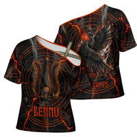 Bennu Cross Shoulder Shirt Ancient Egyptian Lava Crack Texture, Phoenix Firebird and Reborn from Chaos - Wonder Print Shop