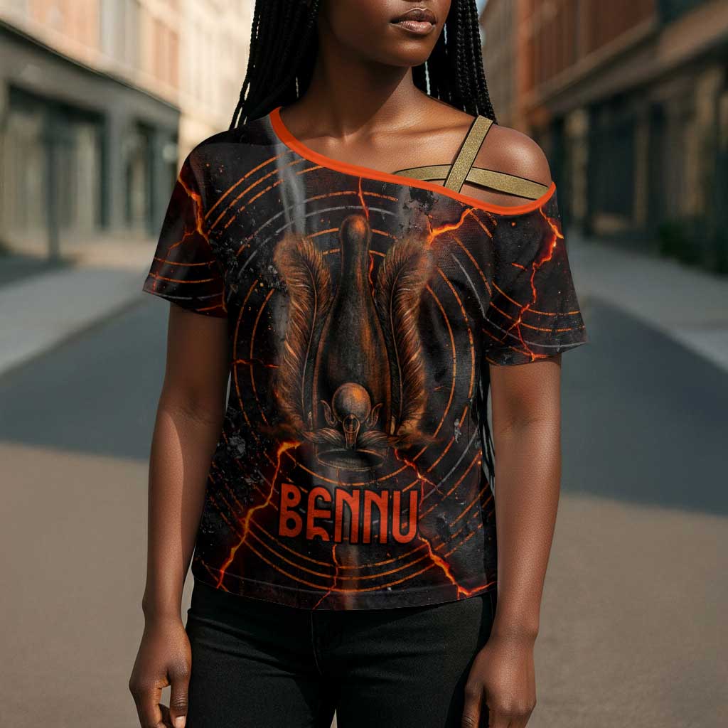 Bennu Cross Shoulder Shirt Ancient Egyptian Lava Crack Texture, Phoenix Firebird and Reborn from Chaos - Wonder Print Shop