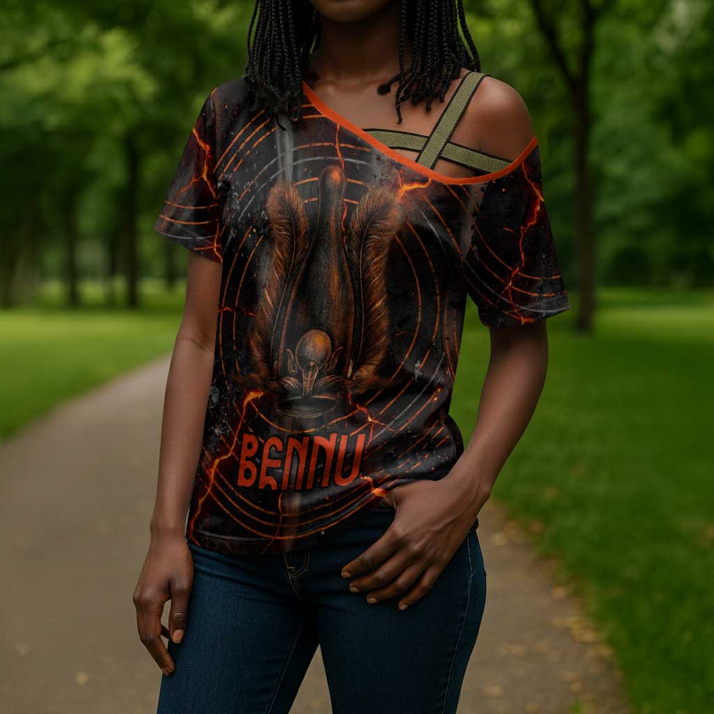 Bennu Cross Shoulder Shirt Ancient Egyptian Lava Crack Texture, Phoenix Firebird and Reborn from Chaos - Wonder Print Shop