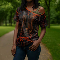 Bennu Cross Shoulder Shirt Ancient Egyptian Lava Crack Texture, Phoenix Firebird and Reborn from Chaos - Wonder Print Shop