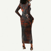 Bennu Long Sleeve Bodycon Dress Ancient Egyptian Lava Crack Texture, Phoenix Firebird and Reborn from Chaos - Wonder Print Shop