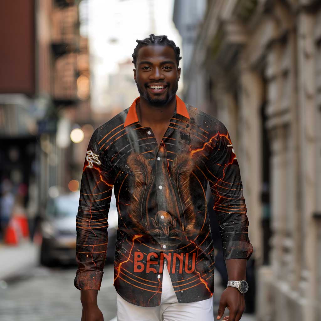 Bennu Long Sleeve Button Shirt Ancient Egyptian Lava Crack Texture, Phoenix Firebird and Reborn from Chaos - Wonder Print Shop