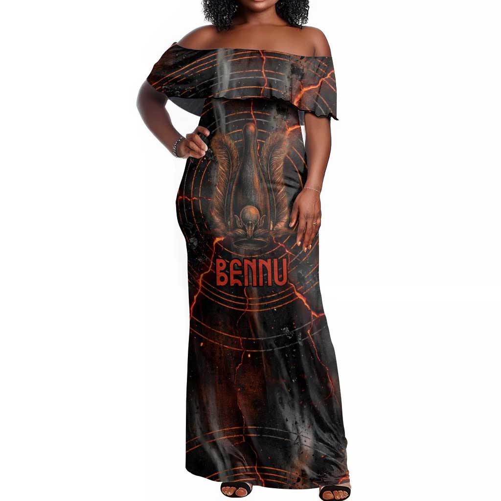 Bennu Off Shoulder Maxi Dress Ancient Egyptian Lava Crack Texture, Phoenix Firebird and Reborn from Chaos - Wonder Print Shop
