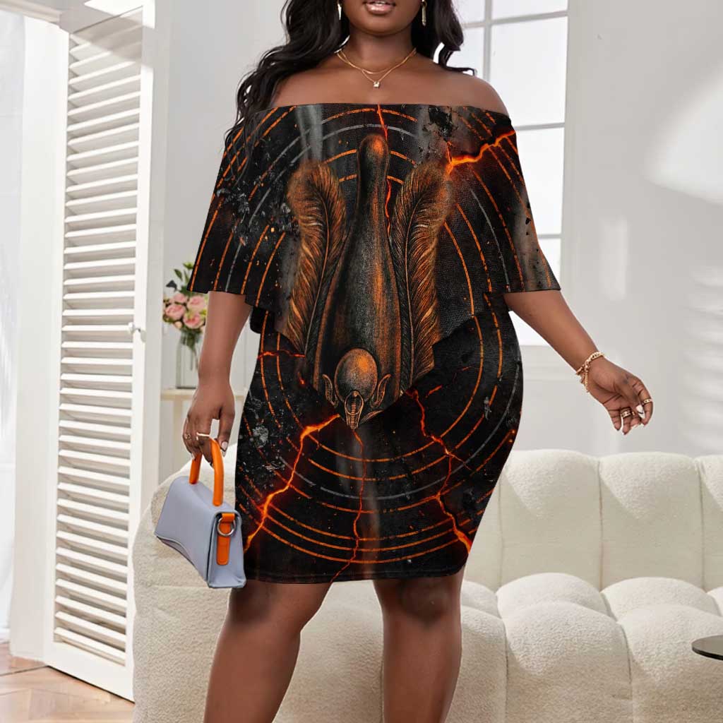 Bennu Off Shoulder Short Dress Ancient Egyptian Lava Crack Texture, Phoenix Firebird and Reborn from Chaos - Wonder Print Shop