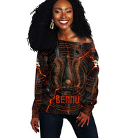 Bennu Off Shoulder Sweater Ancient Egyptian Lava Crack Texture, Phoenix Firebird and Reborn from Chaos - Wonder Print Shop