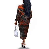Bennu Off The Shoulder Long Sleeve Dress Ancient Egyptian Lava Crack Texture, Phoenix Firebird and Reborn from Chaos - Wonder Print Shop