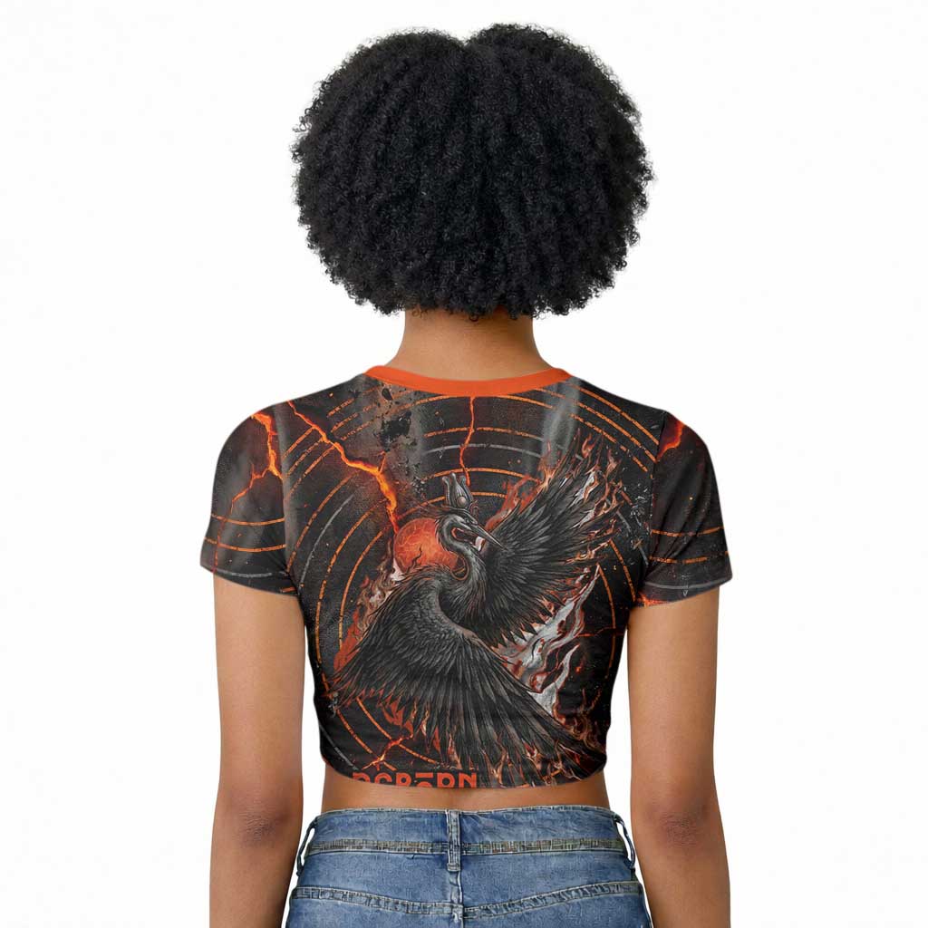 Bennu Raglan Cropped T shirt Ancient Egyptian Lava Crack Texture, Phoenix Firebird and Reborn from Chaos - Wonder Print Shop