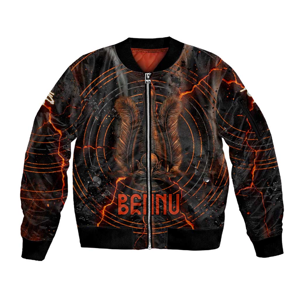 Bennu Sleeve Zip Bomber Jacket Ancient Egyptian Lava Crack Texture, Phoenix Firebird and Reborn from Chaos - Wonder Print Shop