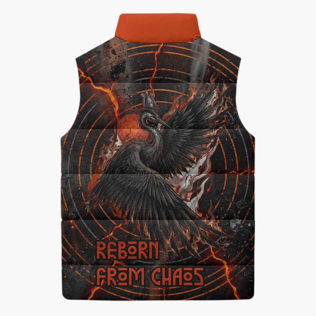 Bennu Sleeveless Puffer Jacket Ancient Egyptian Lava Crack Texture, Phoenix Firebird and Reborn from Chaos - Wonder Print Shop