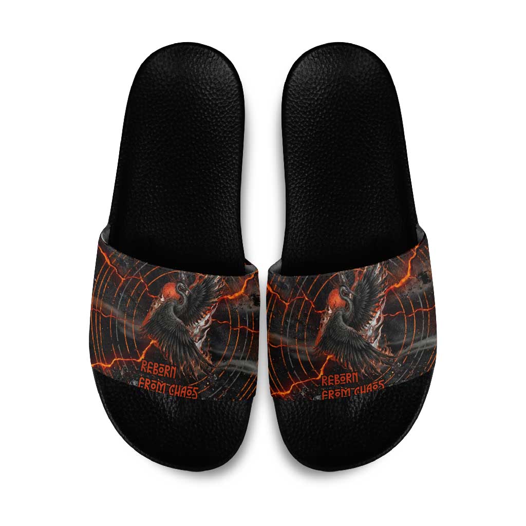 Bennu Slide Sandals Ancient Egyptian Lava Crack Texture, Phoenix Firebird and Reborn from Chaos - Wonder Print Shop