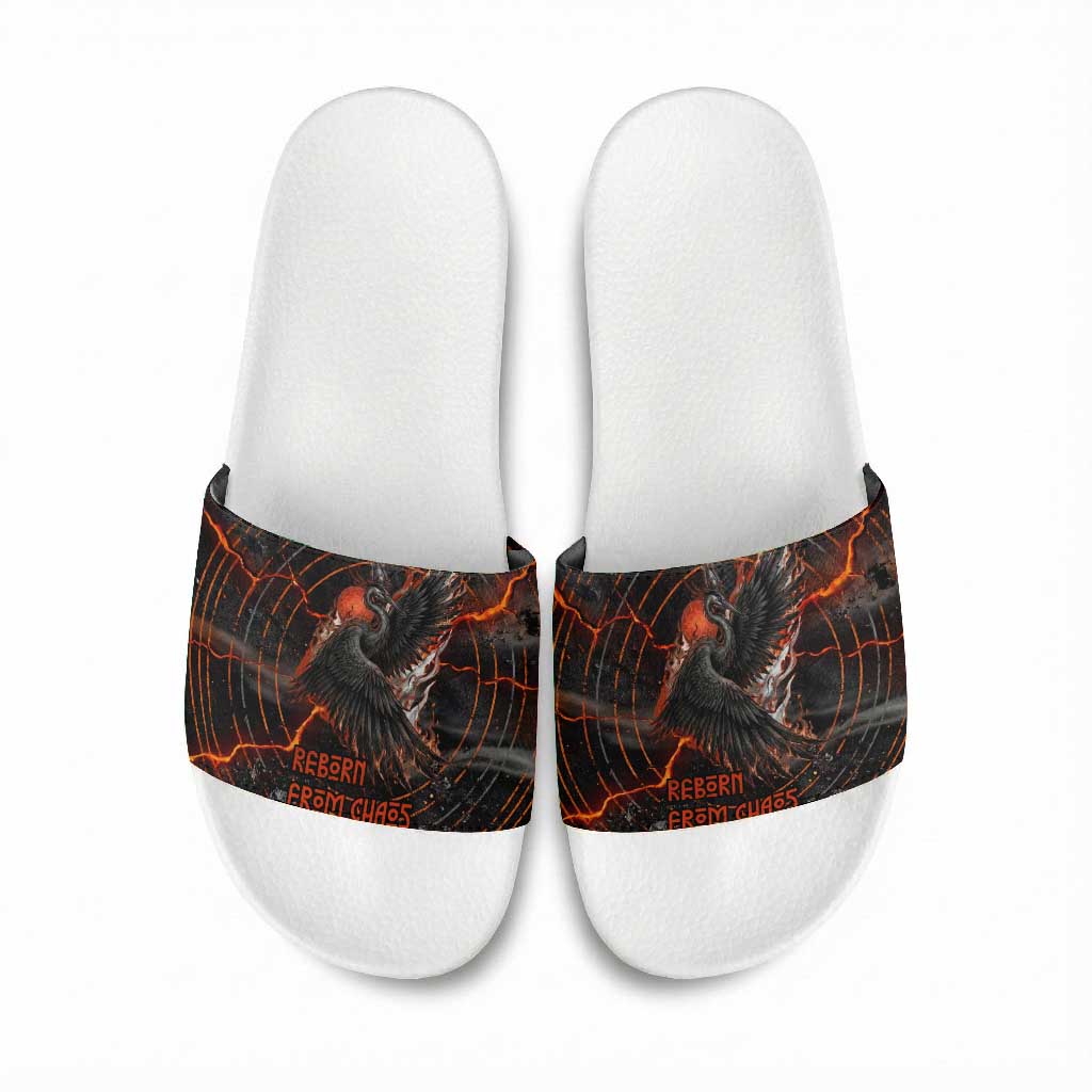 Bennu Slide Sandals Ancient Egyptian Lava Crack Texture, Phoenix Firebird and Reborn from Chaos - Wonder Print Shop