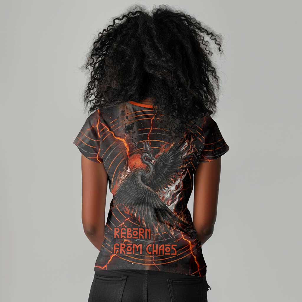 Bennu Women V-Neck T-Shirt Ancient Egyptian Lava Crack Texture, Phoenix Firebird and Reborn from Chaos - Wonder Print Shop