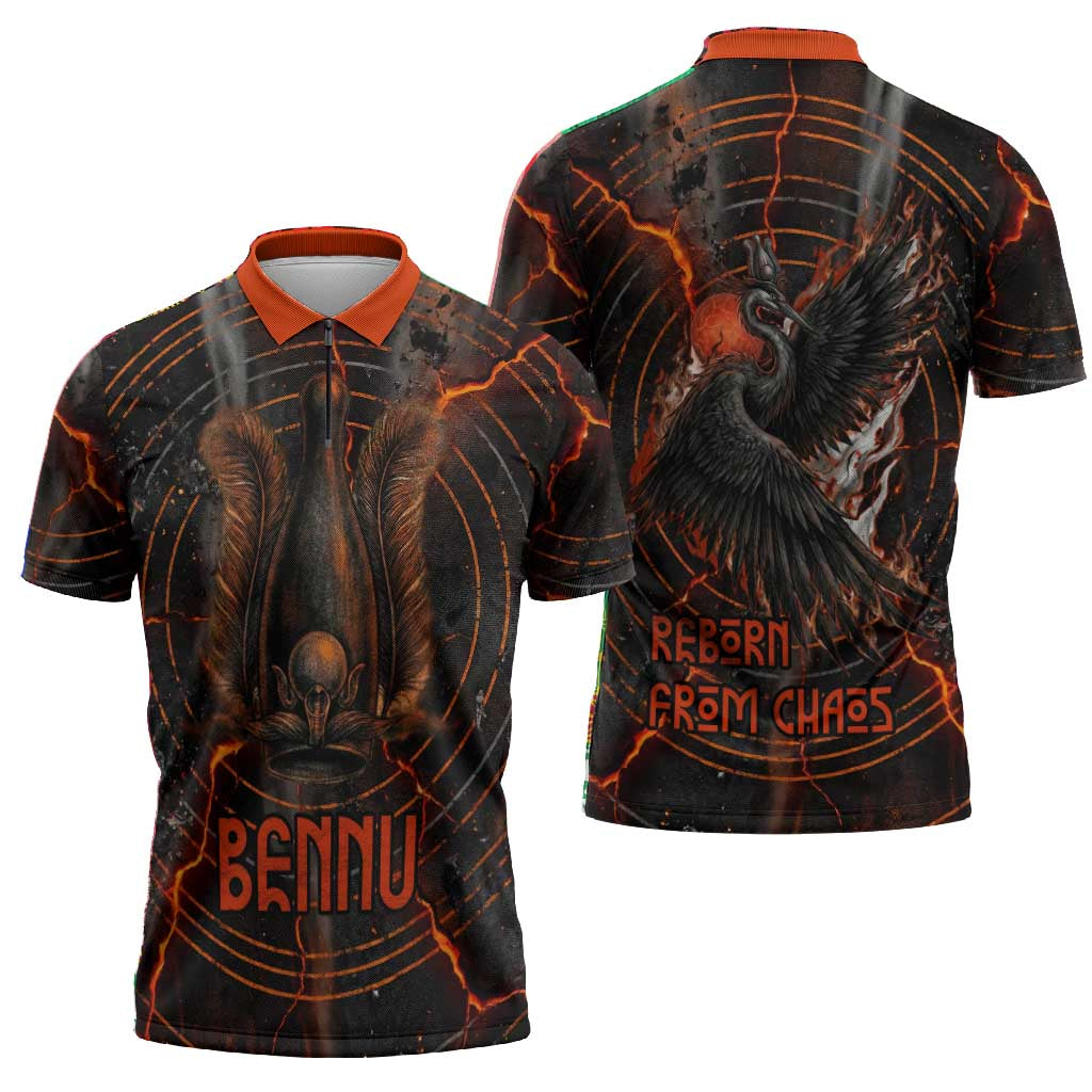 Bennu Zipper Polo Shirt Ancient Egyptian Lava Crack Texture, Phoenix Firebird and Reborn from Chaos - Wonder Print Shop