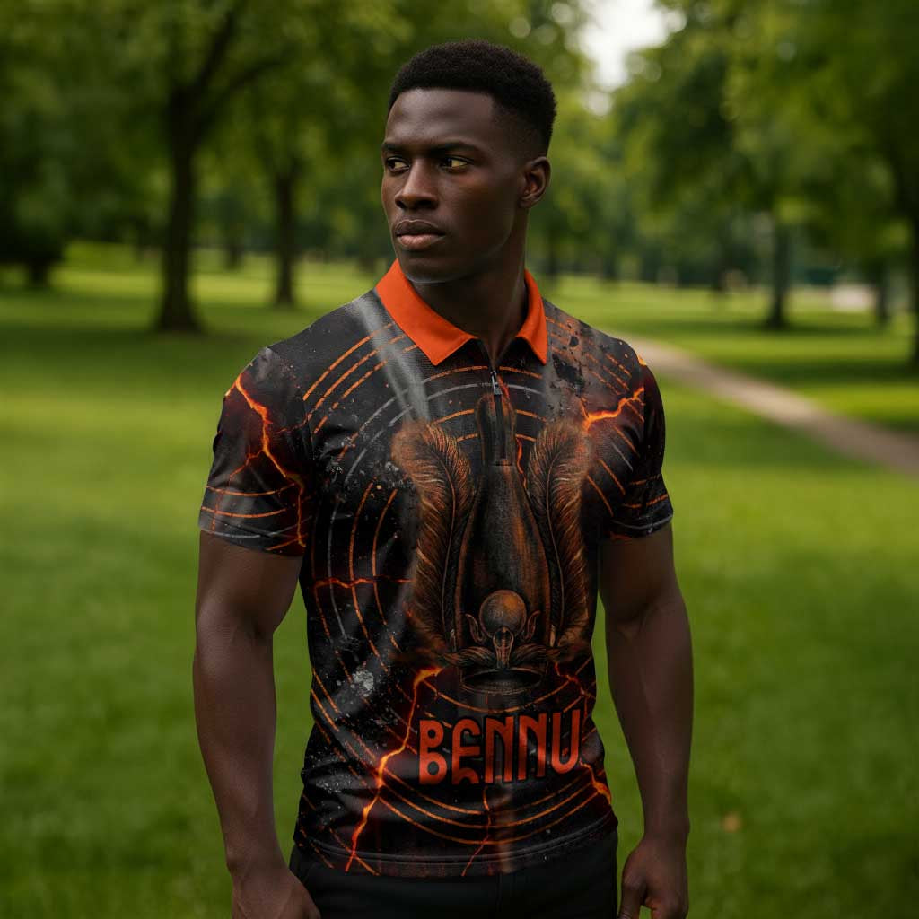 Bennu Zipper Polo Shirt Ancient Egyptian Lava Crack Texture, Phoenix Firebird and Reborn from Chaos - Wonder Print Shop