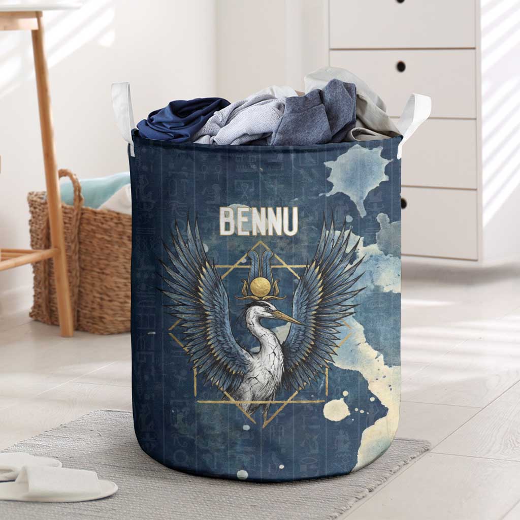 Bennu Ancient Egyptian Laundry Basket with Deep Blue Ink Wash, Winged Bennu Bird and Soul of Ra - Wonder Print Shop