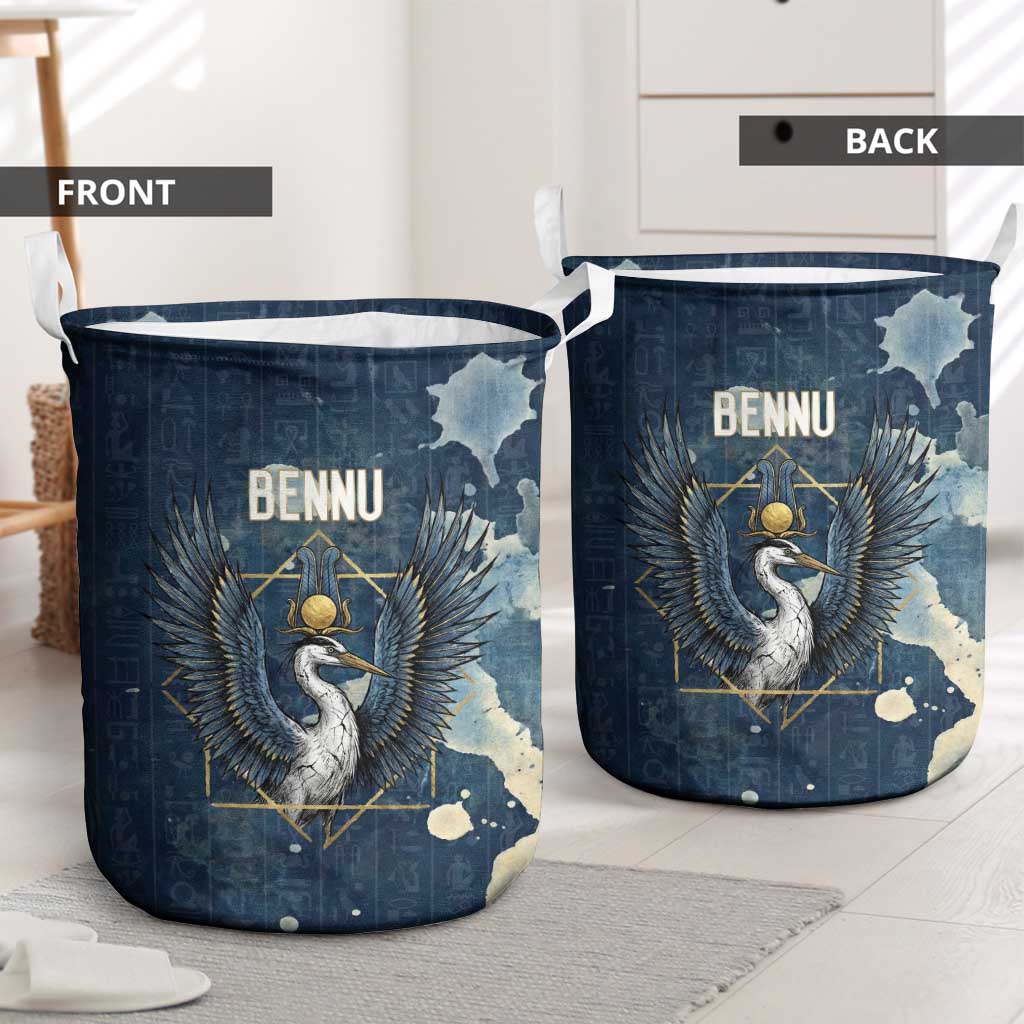 Bennu Ancient Egyptian Laundry Basket with Deep Blue Ink Wash, Winged Bennu Bird and Soul of Ra - Wonder Print Shop